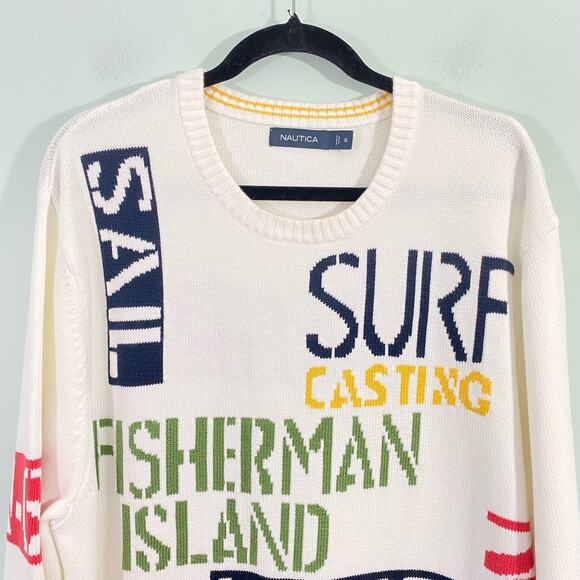Nautica Men's White & Multicolor Intarsia Sailing Knit Sweater Size XL - Picture 2 of 8